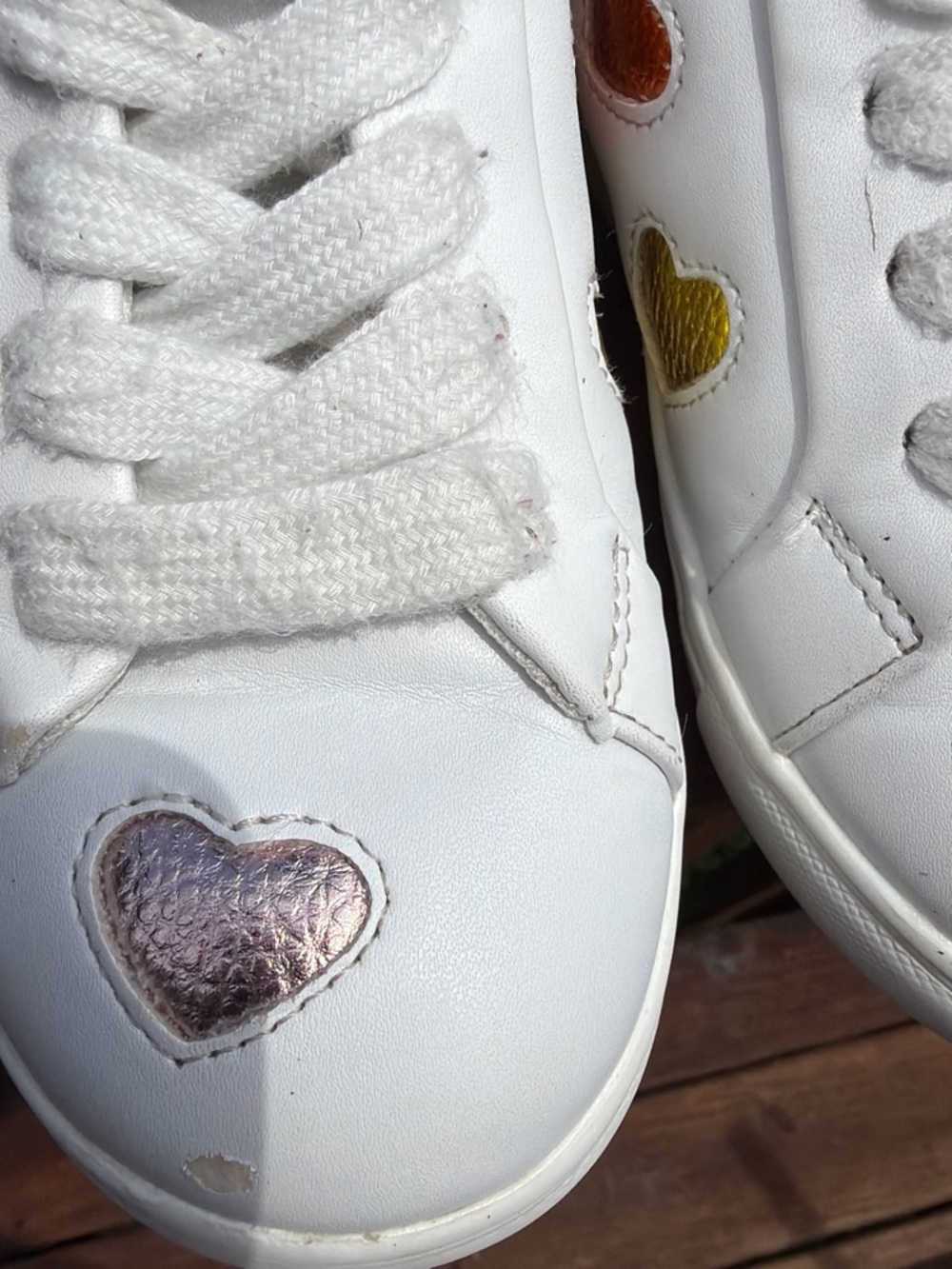 Kurt Geiger White Sneakers with Pink, Orange & Yellow Heart Accents - Picture 3 of 5